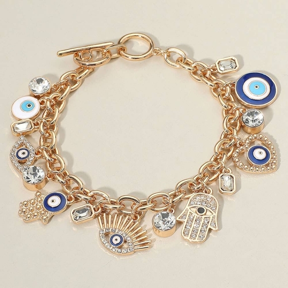 Jewelry - Gold Evil Eye & Hamsa Hand Charm Bracelet with Crystal Accents
